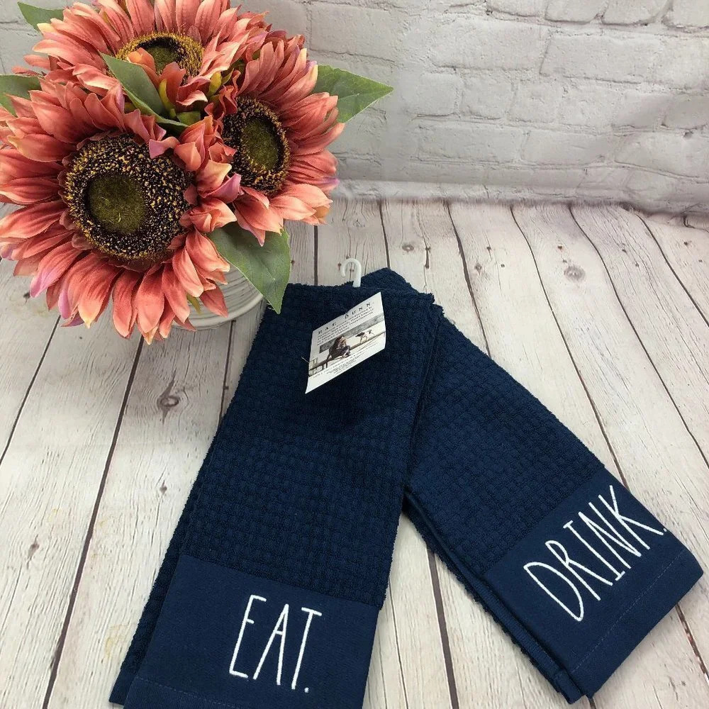 Rae Dunn EAT DRINK navy blue kitchen towel set farm house country classic